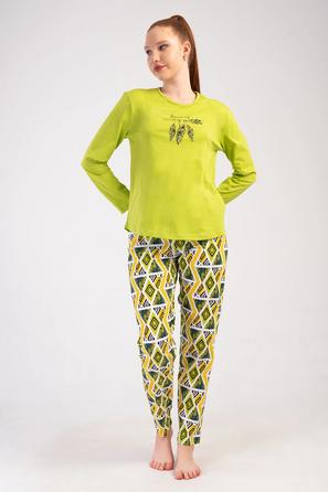 Kadın Büyük Beden Süprem Sarı Etnik Desenli Uzun Kollu Pijama Takımı