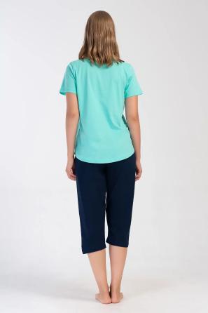 Kadın Büyük Beden Süprem Turkuaz Lacivert Kısa Kollu Kapri Pijama Takım