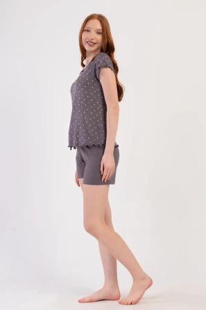 Kadın Büyük Beden Viskon Füme Yıldız Desenli Kısa Kollu Şortlu Pijama Takım