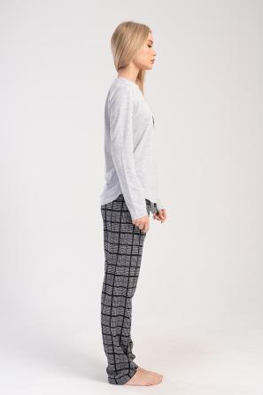 Kadın Ekose Suprem O Yaka Uzun Kol Cepli Pijama Takım