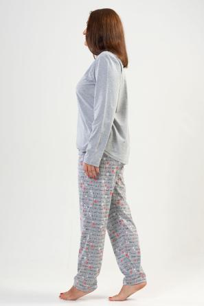 Kadın Gri Büyük Beden O Yaka Uzun Kol Cepli Desenli Pijama Takım