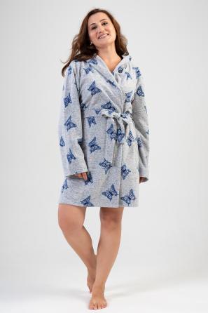 Kadın Gri Büyük Beden Polar Kapşonlu Cepli Kelebekli Kısa Sabahlık