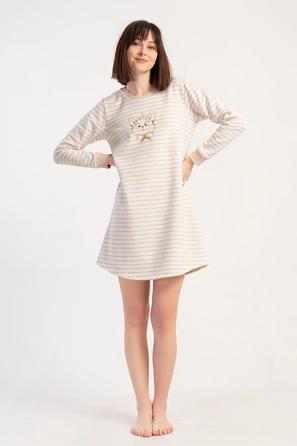 Kadın İki İplik Bej Beyaz Çizgili Uzun Kollu Gecelik Tunik