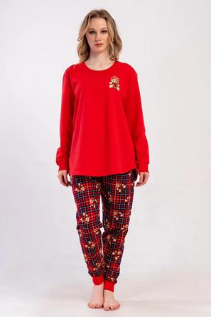 Kadın İki İplik Büyük Beden Kırmızı Ekoseli Desenli Manşetli Uzun Kollu Pijama Takım 
