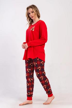 Kadın İki İplik Büyük Beden Kırmızı Ekoseli Desenli Manşetli Uzun Kollu Pijama Takım 