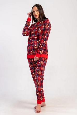 Kadın İki İplik Kırmızı Ayıcık Desenli Manşetli Uzun Kollu Pijama Takım