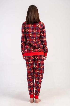 Kadın İki İplik Kırmızı Ayıcık Desenli Manşetli Uzun Kollu Pijama Takım