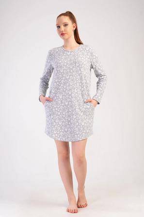 Kadın Jakarlı Gri Desenli Cepli Uzun Kollu Gecelik Tunik