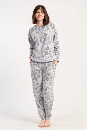 Kadın Jakarlı Gri Desenli Uzun Kollu Cepli Pijama Takım
