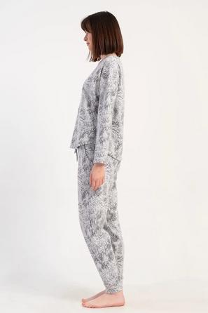 Kadın Jakarlı Gri Desenli Uzun Kollu Cepli Pijama Takım