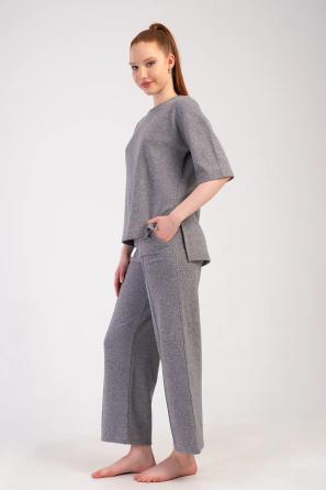 Kadın Jakarlı Nervurlu Kısa Kollu Cepli Pijama Takım