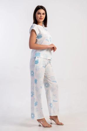 Kadın Kıbrıs Keten Beyaz Desenli Kayık Kaya Cepli Pijama Takım