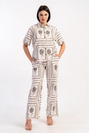 Kadın Kıbrıs Keten Beyaz Kısa Kol Cepli Gömlek Pijama Takım