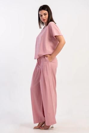 Kadın Kıbrıs Keten Pembe Kısa Kol V Yava Pile Detaylı Pijama Takım