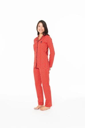 Kadın Kırmızı Düğmeli Desenli Pijama Takım U.S. Polo Assn. 