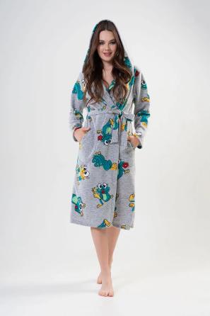 Kadın Kurbağa Desenli Polar Kapşonlu Cepli Uzun Sabahlık
