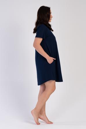 Kadın Lacivert Büyük Beden O Yaka Kısa Kol Eteği Oval Cepli Tunik 