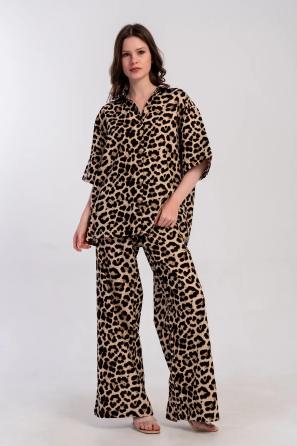 Kadın Leopar Desenli Bol Kesim Gömlek Pijama Takım