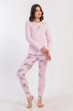 Kadın Likra Süprem Pembe Desenli Uzun Kollu Tayt Pijama Takım