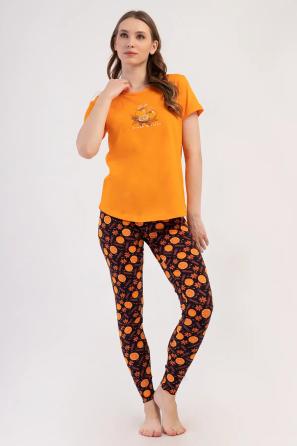 Kadın Likralı Süprem Orange Kısa Kollu Taytlı Pijama Takım