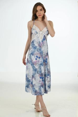 Kadın Mavi Dantel Detaylı Askılı Saten Uzun Tunik 