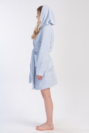 Kadın Mavi Ultra Yumuşak Şal Yaka Uzun Kol Kısa Cepli Sabahlık 