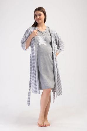 Kadın Melanj Gri Kısa Kollu Hamile Tunik ve Sabahlık Takımı