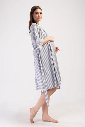 Kadın Melanj Gri Kısa Kollu Hamile Tunik ve Sabahlık Takımı