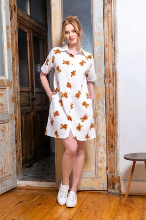 Kadın Müslin Krem Ayıcık Desenli Kısa Kol Gömlek Cepli Tunik