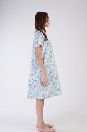 Kadın Pamuklu Mavi Çiçekli Kısa Kol Gecelik