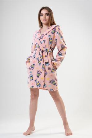 Kadın Pembe Polar Kapşonlu Cepli Kısa Baykuşlu Sabahlık