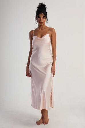 Kadın Pembe Saten İp Askılı Uzun Tunik