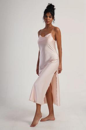 Kadın Pembe Saten İp Askılı Uzun Tunik