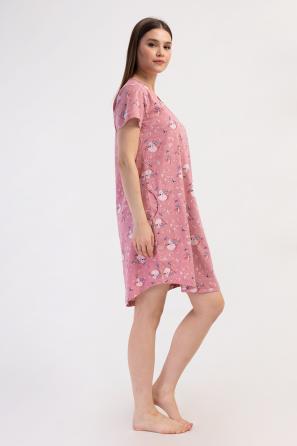 Kadın Pembe Suprem O Yaka Kısa Kol Eteği Oval Cepli Desenli Tunik