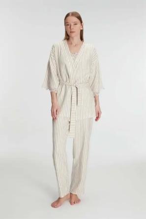 Kadın Sabahlık Atlet ve Pantolon 3 lü Pamuklu Gecelik Seti