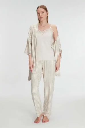 Kadın Sabahlık Atlet ve Pantolon 3 lü Pamuklu Gecelik Seti
