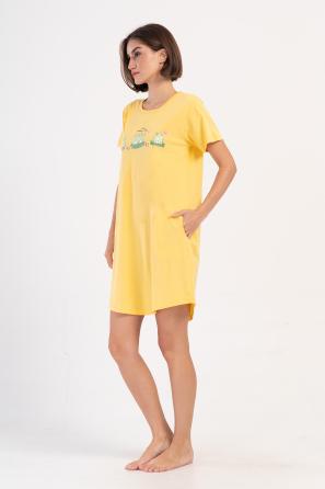 Kadın Sarı Suprem O Yaka Kısa Kol Eteği Oval Cepli Tunik