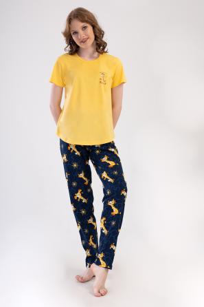 Kadın Sarı Suprem O Yaka Kısa Kol Zürafa Pijama Takım