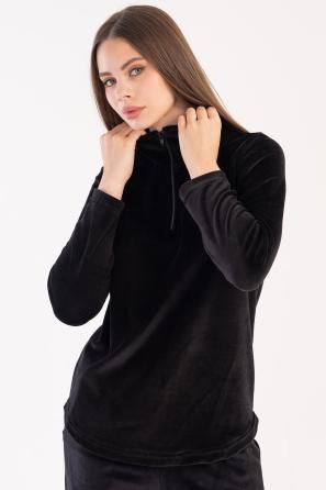 Kadın Siyah Kadife Yakalı Yarım Fermuarlı Uzun Kol Cepli Pijama Takım
