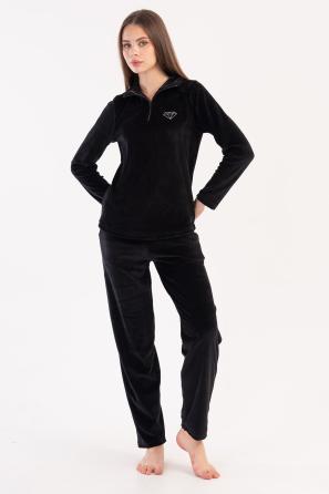 Kadın Siyah Kadife Yakalı Yarım Fermuarlı Uzun Kol Cepli Pijama Takım