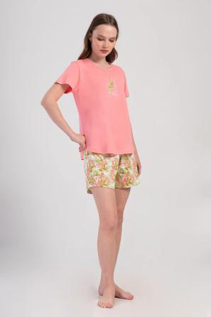 Kadın Süprem Açık Pembe Desenli Şortlu Pijama Takım