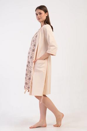 Kadın Süprem Bej Çift Patlı Kısa Kollu Desenli Hamile Tunik ve Cepli Kuşaklı Sabahlık