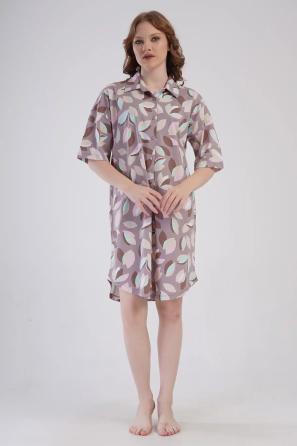 Kadın Süprem Bej Desenli Düğmeli Kısa Kollu Gömlek Tunik