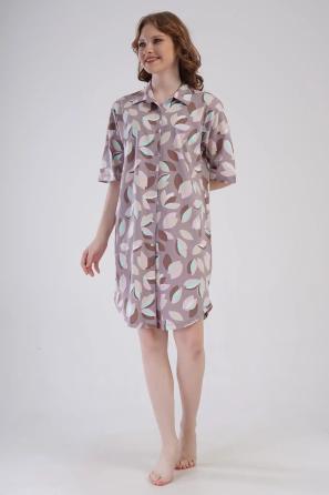 Kadın Süprem Bej Desenli Düğmeli Kısa Kollu Gömlek Tunik