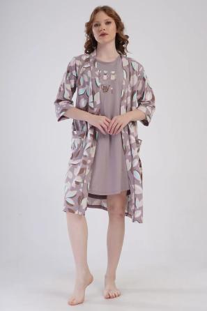 Kadın Süprem Bej Desenli Gecelik ve Sabahlık Takım