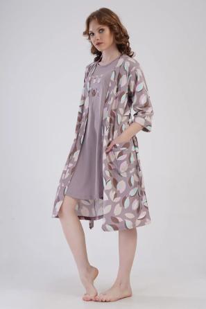 Kadın Süprem Bej Desenli Gecelik ve Sabahlık Takım