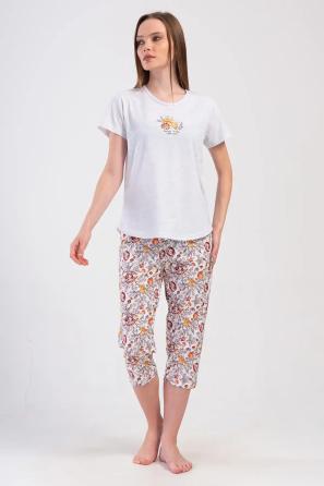 Kadın Süprem Gri Melanj Desenli Kısa Kollu Kapri Pijama Takım