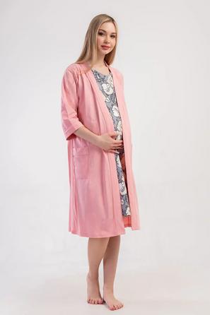 Kadın Süprem Gri Pembe Çift Patlı Kısa Kollu Desenli Hamile Tunik ve Cepli Kuşaklı Sabahlık 