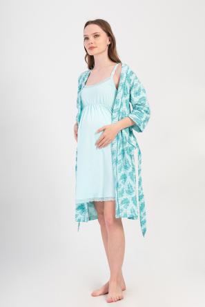 Kadın Suprem İp Askılı Hamile Tunik Yapraklı Dantel Detaylı Sabahlık Takım