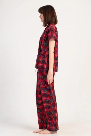 Kadın Süprem Kırmızı Ekoseli Gömlek Kısa Kollu Pijama Takım